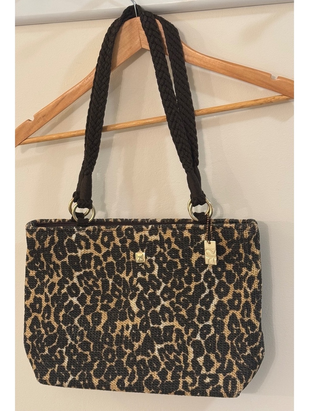 Lina Leopard Print Woven Tote Bag with Braided Handles
